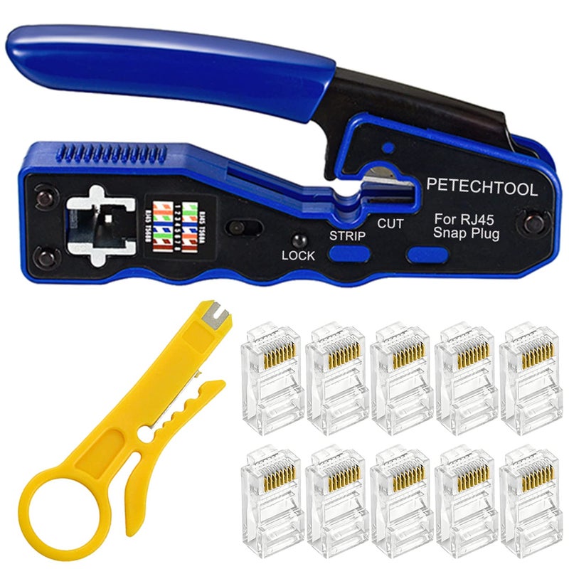 PETECHTOOL RJ45 Crimp Tool Kit Ethernet Crimping Tool Wire Crimper Stripper Cutter for Cat5e Cat6 Cat6a Pass Thrugh Connectors with 10 pieces Cat6 Connectors and 1 piece mini wire stripper - Image 1